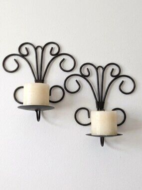 Pair of Vintage Wrought Iron Pillar Candle Holders Wall Sconces Mexican Bronze